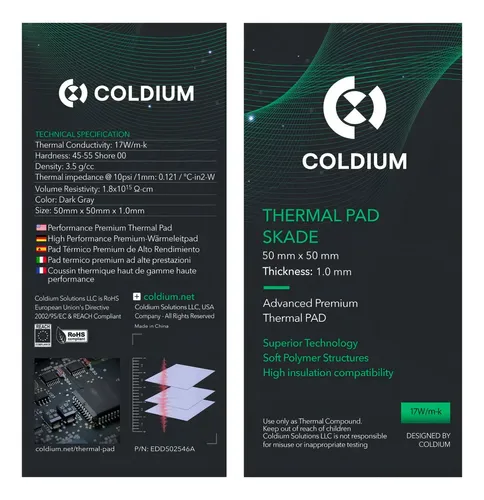 Pad Térmico Coldium Skade 50x50x1.0mm Premium Pro Oc 17w/ m-k